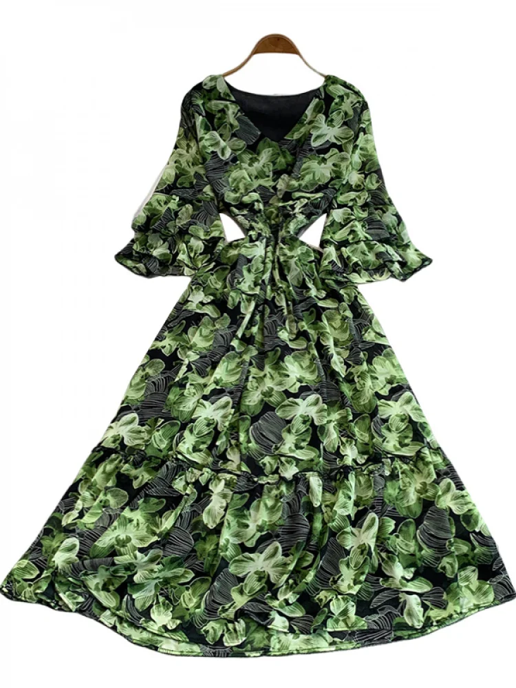 Boho vintage donna estate chic scollo a V stampa floreale abito lungo elastico in vita INS festa elegante abito da vacanza al mare con maniche svasate
