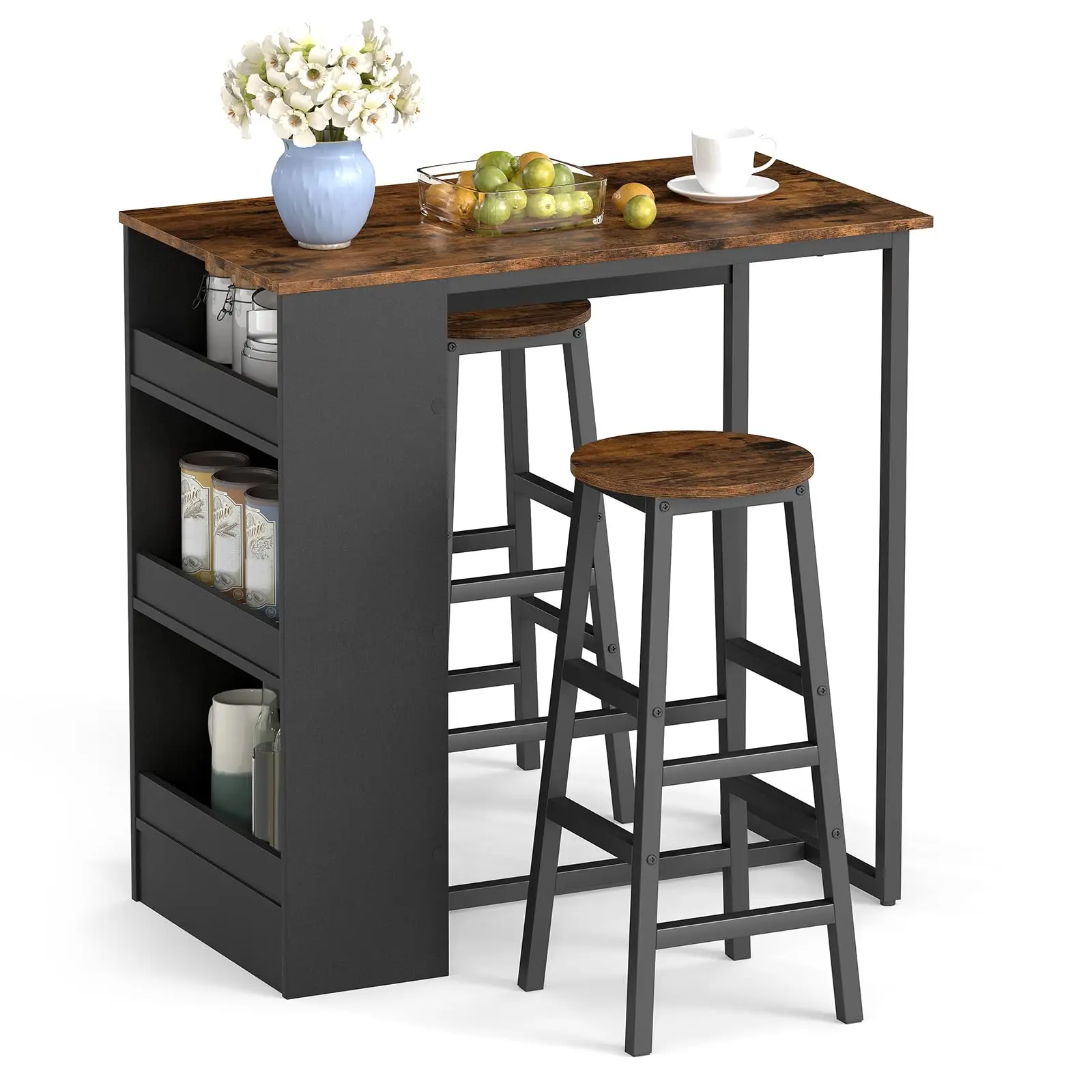 

3-Piece Bar Table Set 36 Inch Counter Height Breakfast Table With 3 Storage Shelves And 2 Round Stools Rectangular Kitchen