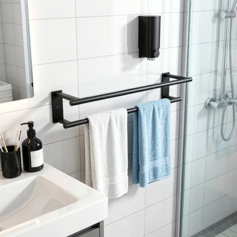 Stainless Steel Bathroom Towel Shelf Dual Rod Wall Organizer No Drilling Required Storage Rack With Hanging Hooks