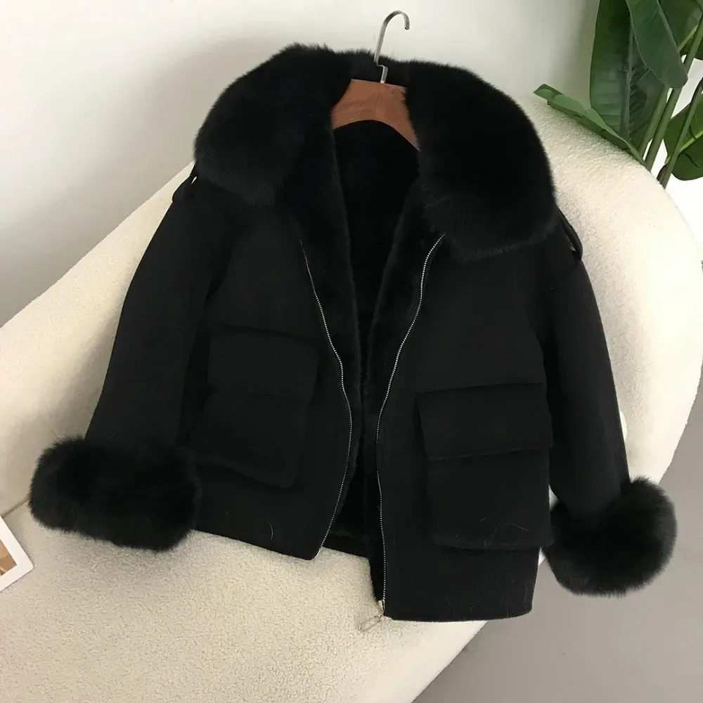 2024 abnehmbare Innenfutter Fuchs Pelz kragen Jacke Herbst Winter plus Fleece kurze Pelz jacke doppelseitiger Woll mantel Echtpelzmantel