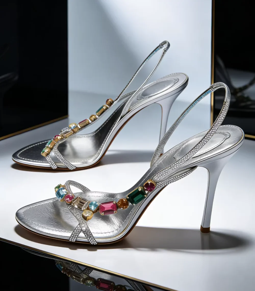 Silver Metallic Crystal-Embellished Sandals Multicolor Gemstone Straps Stiletto Heel Elegant Summer High-Fashion Lady Sandals - view 3
