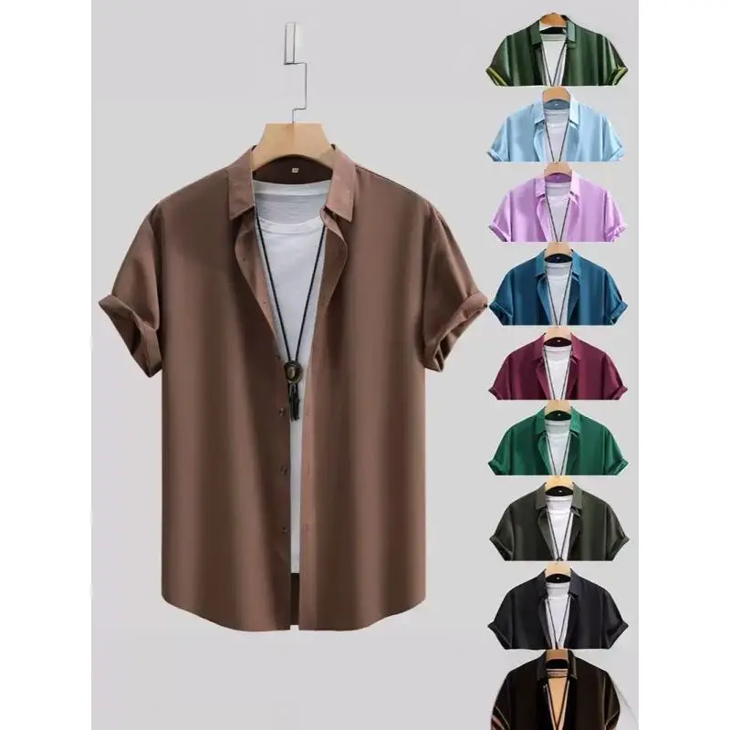 

Men's Short Sleeve Shirt Neat Color British Style Four Sided Pattern Casual Cotton Shirt for Summer Wear Inner Match