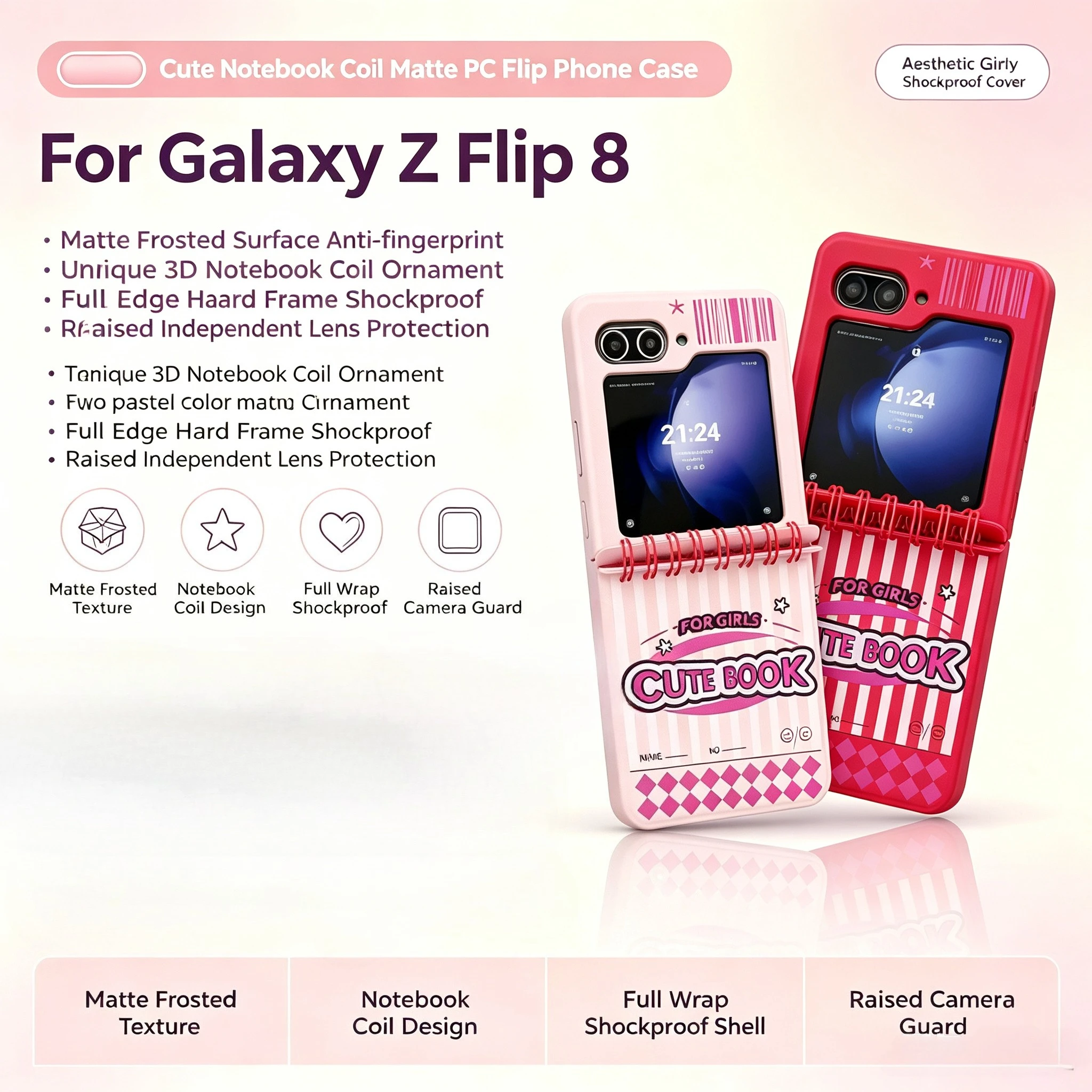 Korean Cute Y2K Design Book Coil Notebook Foldable Case For Samsung Galaxy Z Flip 8 7 FE 6 5 Anti Shock Protection Hard PC Cover