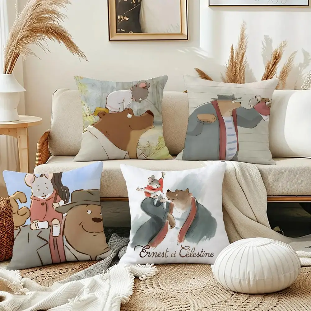 Cute Movie Ernest & Celestine Cushion Cover Short Plush Pillowcase, Washable Wrinkle Resistant Cover for Bedroom Gift