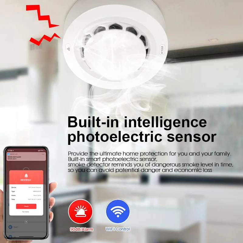 Tuya WiFi Smoke Detector Alarme Sensor, Smart Home Security, Proteção contra Incêndios, Vida inteligente, Funciona com Alexa, Assistente do Google, 7 Estilos