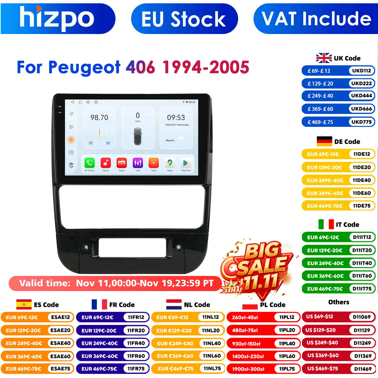 Hizpo Qualcomm Snapdragon 2 Din Android 14 navegación de coche para Peugeot 406 1994-2005 reproductor Multimedia de Audio CarPlay Android Auto