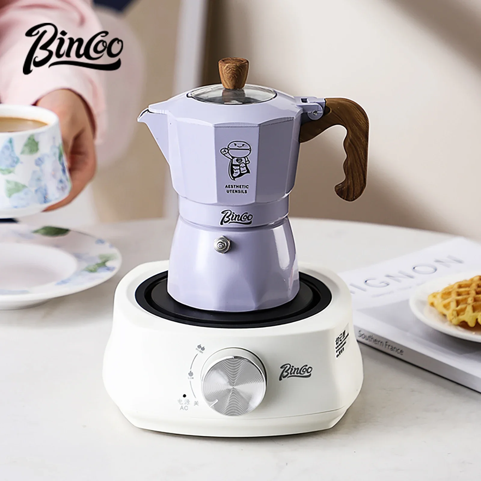 

Bincoo Dual Valve Moka Pot Espresso Mocha Pot Hand Brewed Coffee Pot Electric Stove 5pcs Set For Italian Home Barista Tools 220V