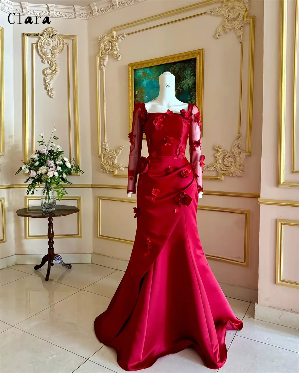 Clara personalizado mangas de flores A-line vestidos de noche rojos 2025 vestido de noche elegante de lujo para mujer vestido de fiesta elegante para mujer