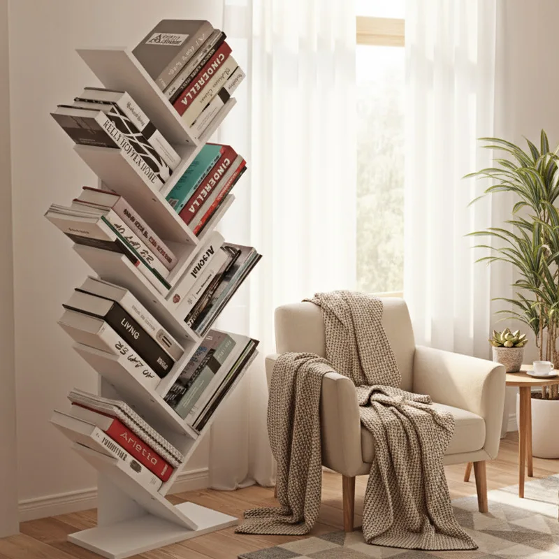 Floor-to-ceiling tree-shaped bookshelf, integrated floor-to-ceiling storage shelf