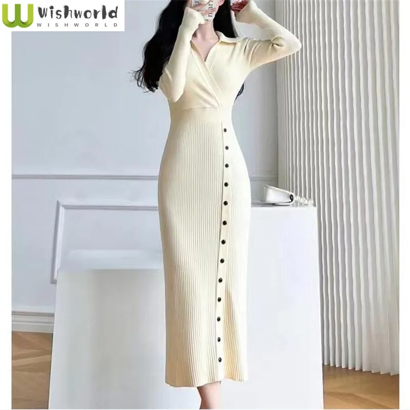 

French Retro POLO Slim Knit Dress for Women's Autumn and Winter New Collection Waist Cinching and Slimming Mid Length Skirt