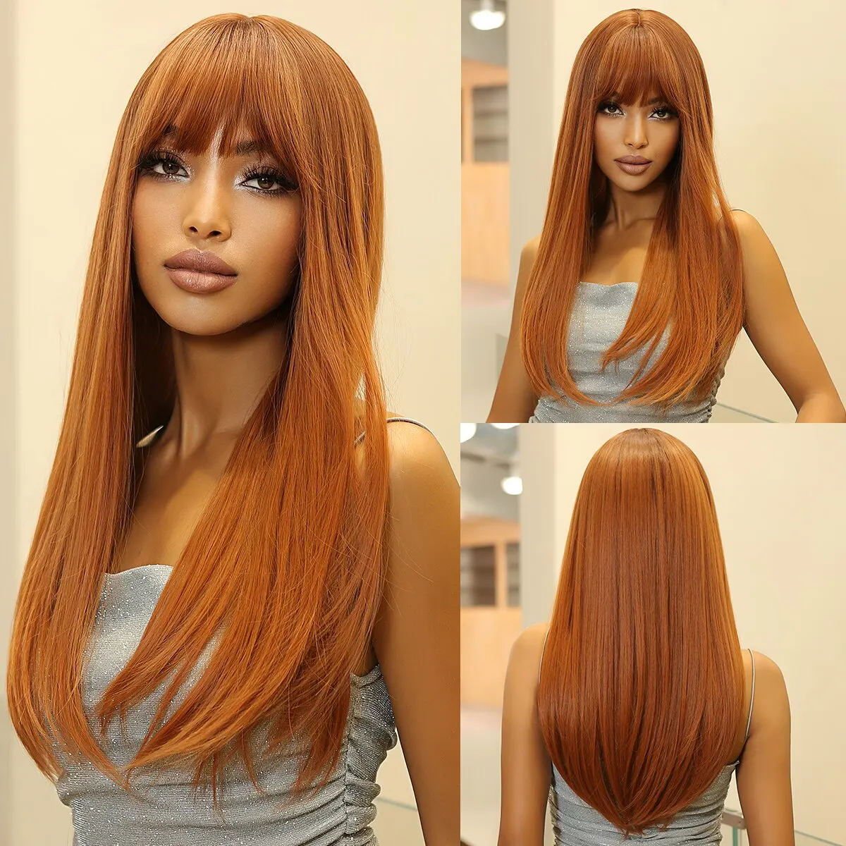 Braune Perücken für weiße Frauen lange ombre gelbe Perücken mit Pony synthetische Mode Perücke Cosplay täglichen Gebrauch hitze beständige Faser