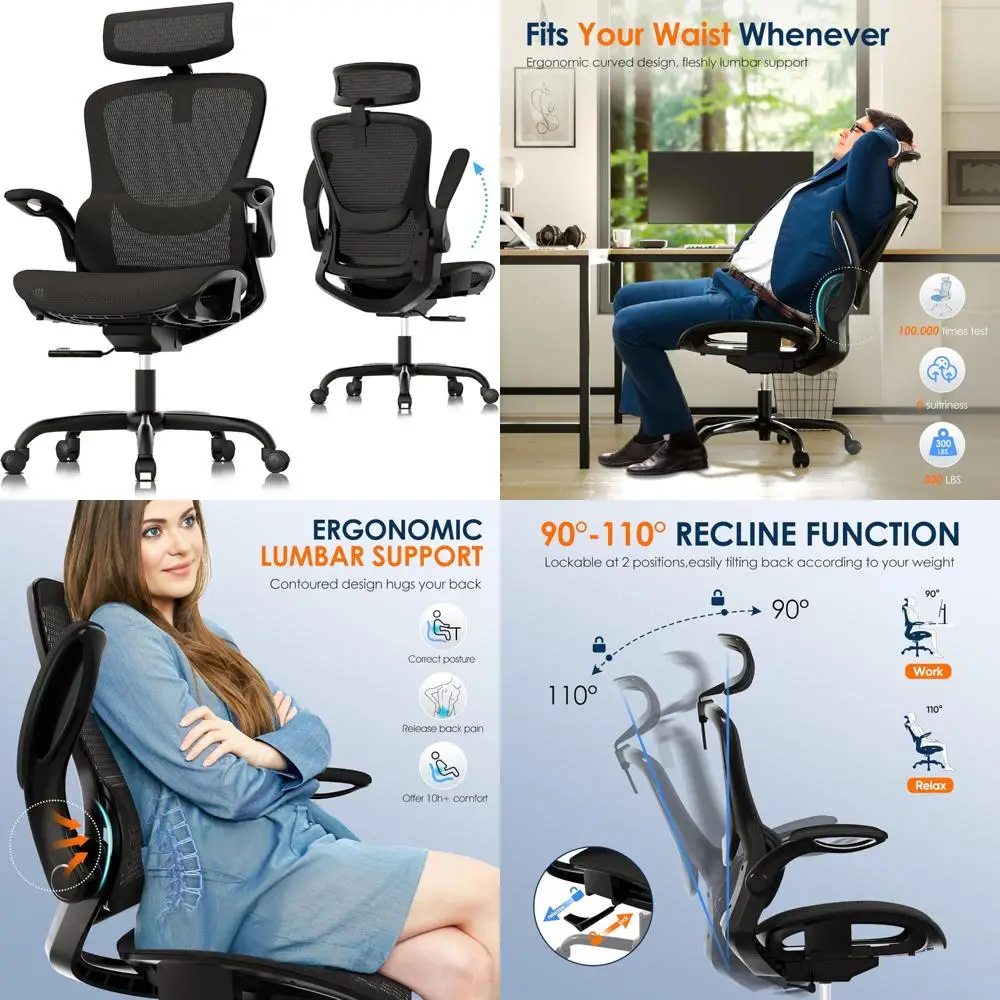 

Ergonomic Mesh Desk Chair with Adjustable Armrests, Folding Headrest, Soft Seat, PU Wheels, Black