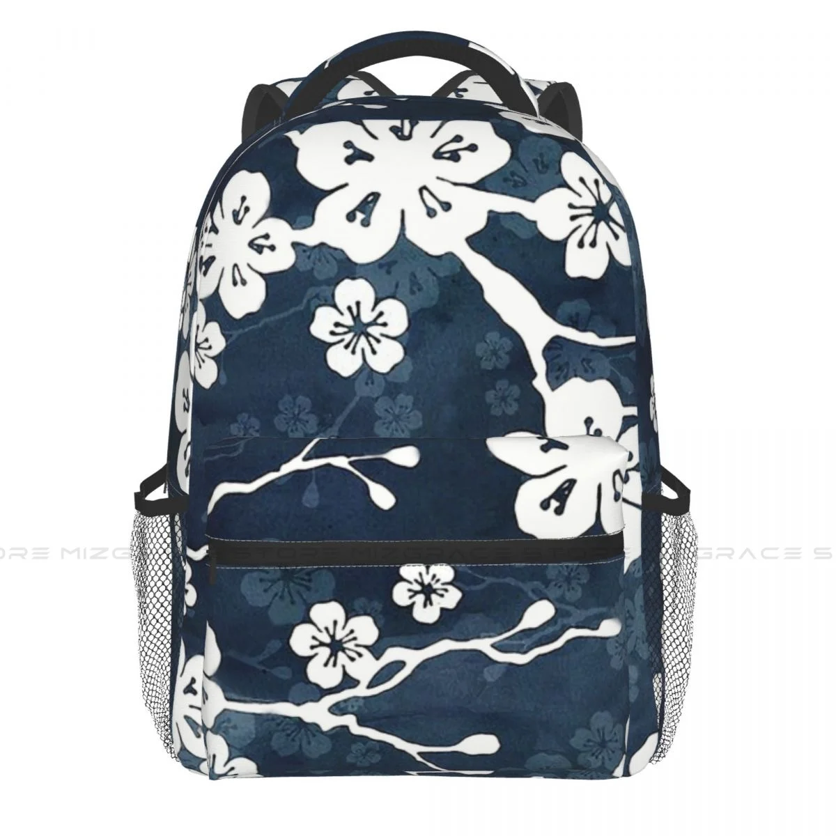 

Navy And White Cherry Blossom Pattern Casual Knapsack for Men Women Student Books Backpack School Laptop Bag Soft Rucksack