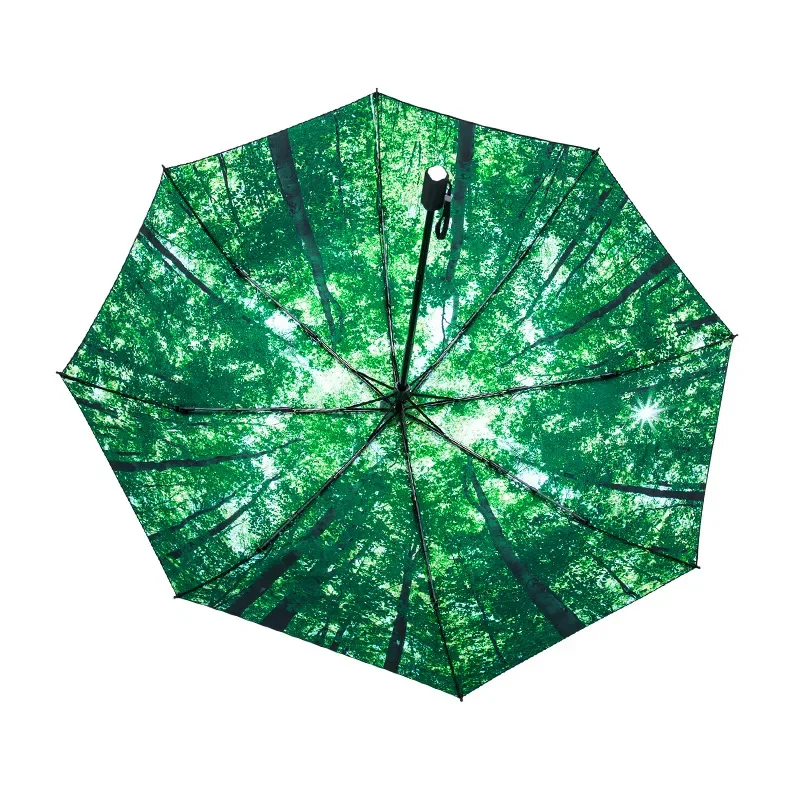 Green Forest Sun Umbrellas for Women Black Coating Small Fresh Style 3 Folding 8K Rain Umbrella UV Protection Portable Paragua