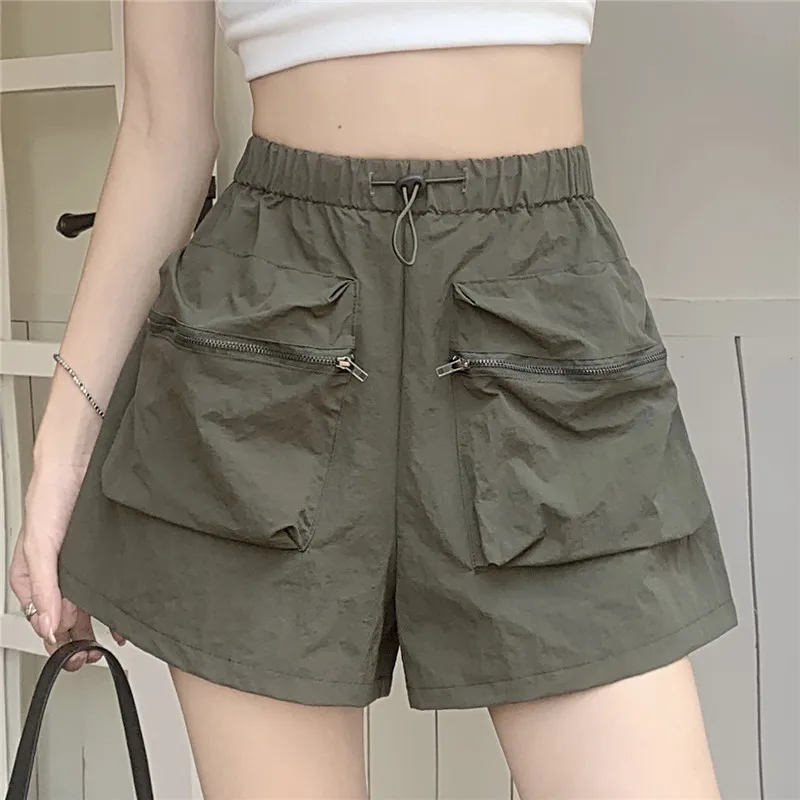 Women Sport Cargo Fitness Shorts Summer Big Pockets Running Clothes Breathable Gym Workout Sports Shorts S-2XL with Drawstring