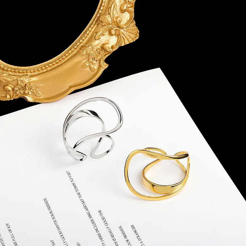 LIVVY خاتم فضي اللون قابل للتعديل مجوف INS موضة طبقة مزدوجة مجوهرات للنساء 2025 إكسسوارات عصرية هدايا