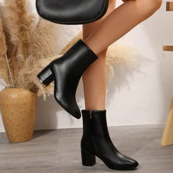 Elegant Women High-Heeled Short Boots Leather and Thick High-Heeled Patent Leather Design Autumn Winter Formal Boots