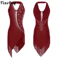 Women Latin Dance Dress Halter Neck Fringed Irregular Hem Dresses Ballroom Tango ChaCha Rumba Samba Competition Costumes