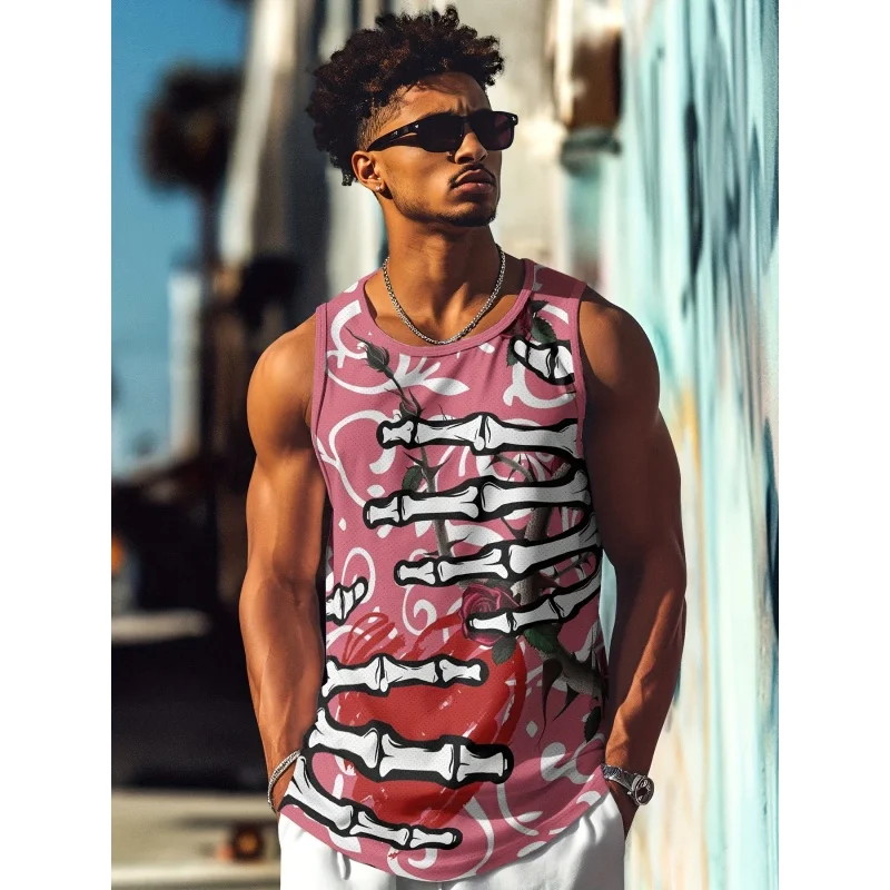 남자를위한 멋진 유령 해골 패턴 탱크 탑 핸드 스네이크 3D 프린트 티셔츠 여름 대형 스포츠 라운드 넥 조끼 스트리트 탑스