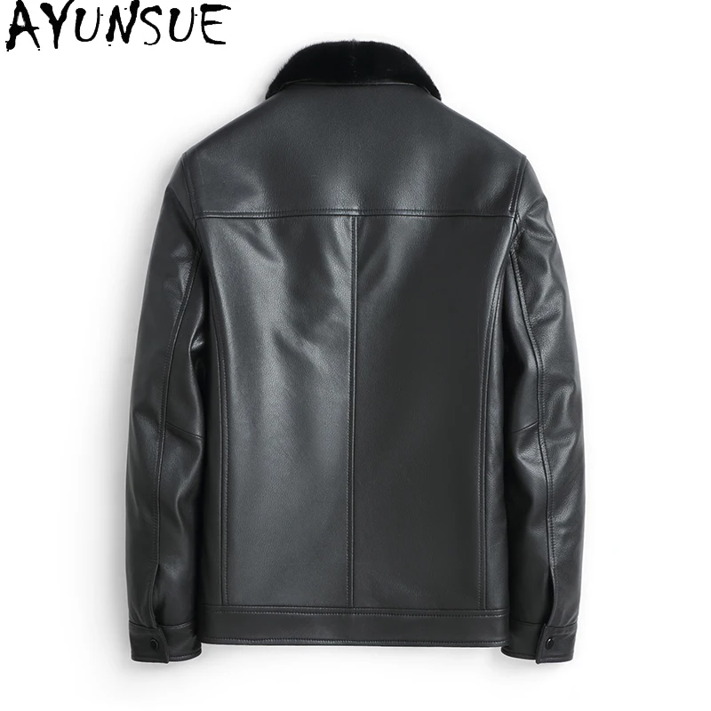 AYUNSUE 100% 천연 소가죽 재킷 남성용 럭셔리 2025 겨울 밍크 퍼 안감 코트 남성용 진짜 가죽 재킷 라펠 카사코스