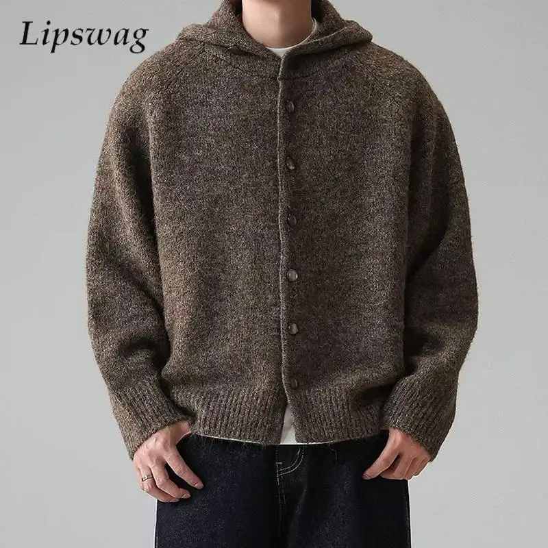 

2026 Spring New Casual Mens Hooded Cardigans Knitting Solid Color Buttoned Sweater Jacket Men Winter Trendy Hooded Sweatercoats
