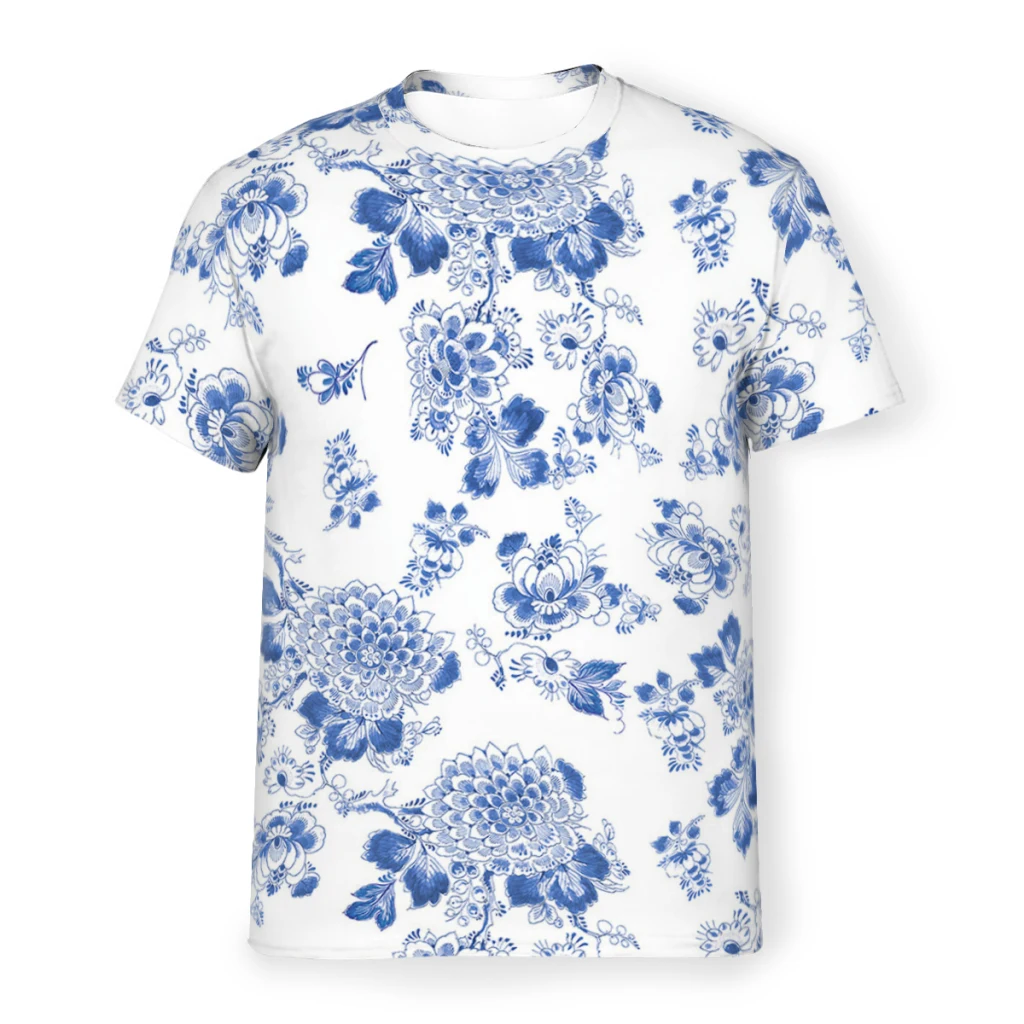 Blue Delft Art Polyester TShirt for Men Fiowers Humor Summer Thin T Shirt High Quality Fluffy