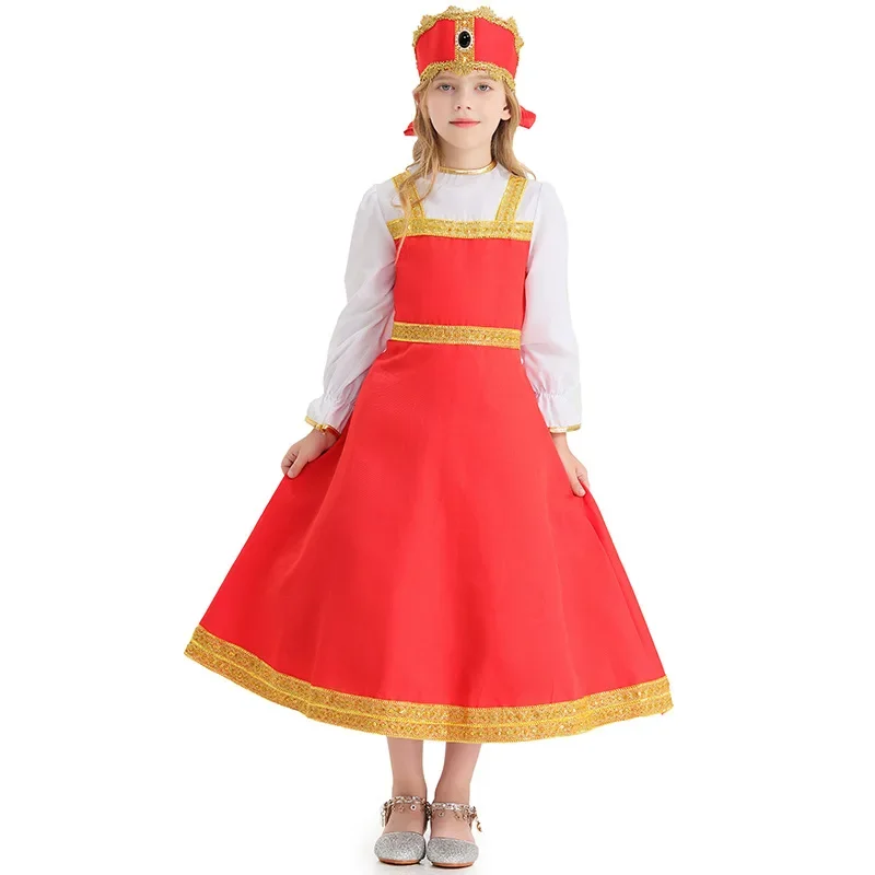 

Russian National Girls Dance Stage Performance Wear Children's Red Long Dress Fake Two Pieces