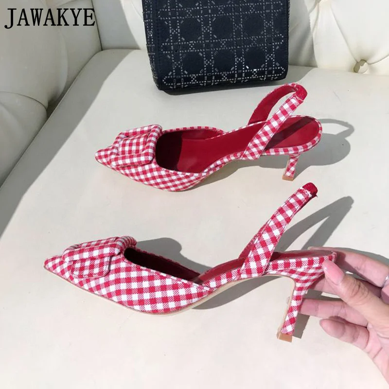 Zomer Merk Trouwschoenen Vrouwen Puntige Teen Canvas Slingbacks Jurk Schoenen Vierkante Gesp Decor Designer Banketschoenen Voor Vrouwen