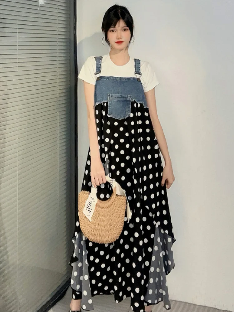 

Vefadisa 2024 Summer New Women Denim Patchwork Polka Dot Strap Dress Loose Fashion Age-reducing Individuality Dresses ZXY477A