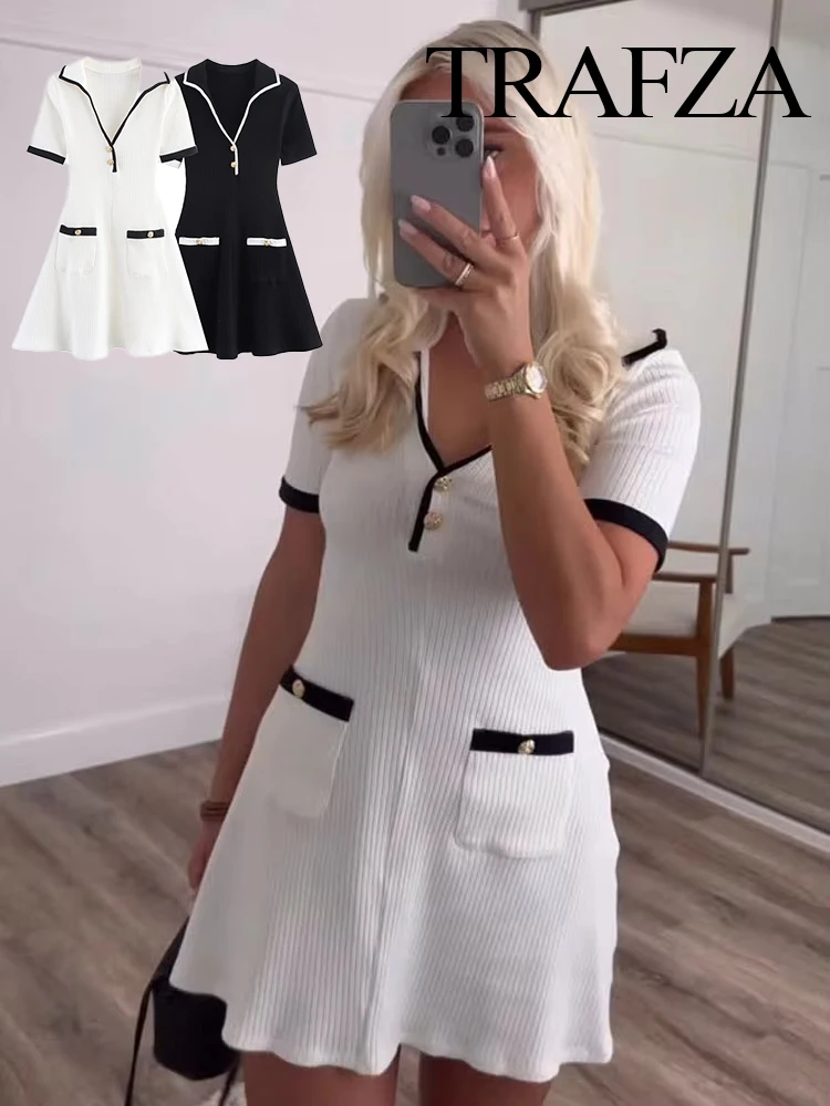

HH Women's Autumn New Fashion Metal Button Lapel Ribbed Dress Female Sexy Elegant Pocket Commuter Short Sleeve Knitted Dress