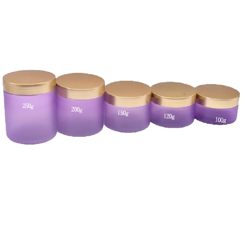 Empty Cosmetic Cream Jar Purple Frosted Face Facial Mask Pot Body Scrub 100/120/150/200/250g PET Plastic Jar with Gold Lid 20pcs