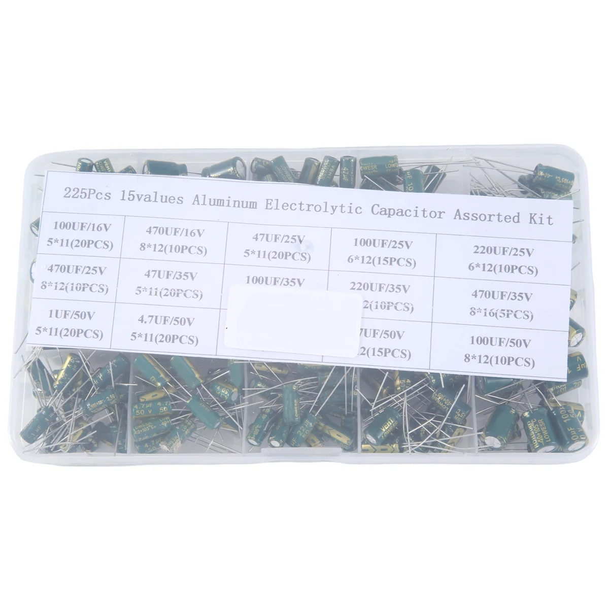 

225Pcs Aluminum Electrolytic Capacitor High Frequency Inline Kit 15 Kinds of Specifications Resistance Value