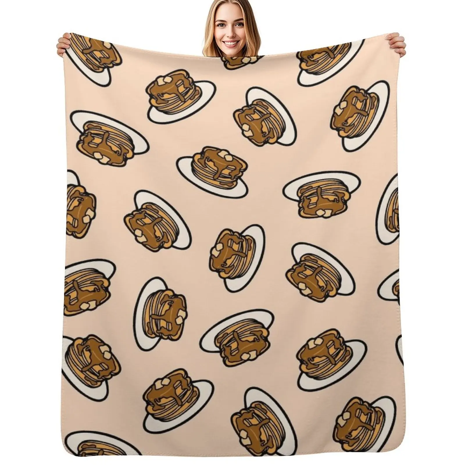 Pancakes with Butter and Syrup Pattern on Pale Peach Throw Blanket Warm Comforter Hairy Loose Weighted Blankets
