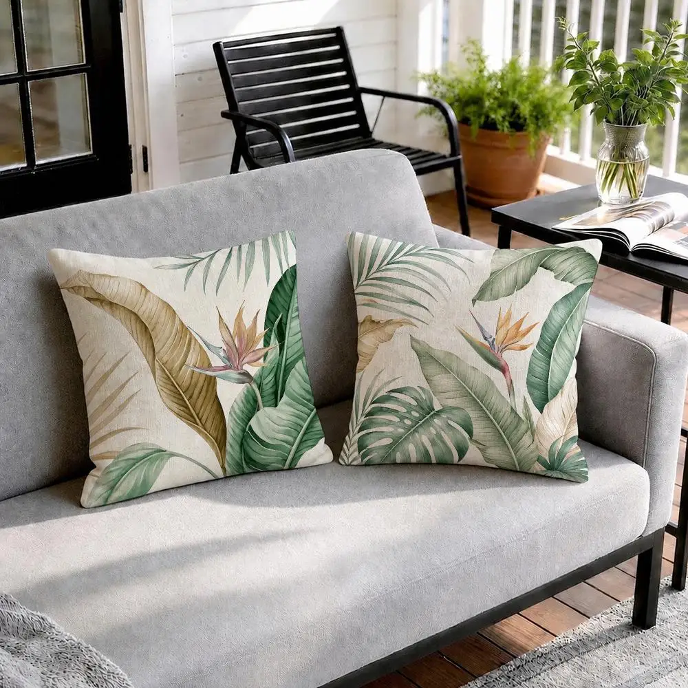 Tropical Leaf Pattern Cushion Cover Natural Linen Organic Fabric Double-Sided Printing Sofa Home Decor Gift Pillow Cover
