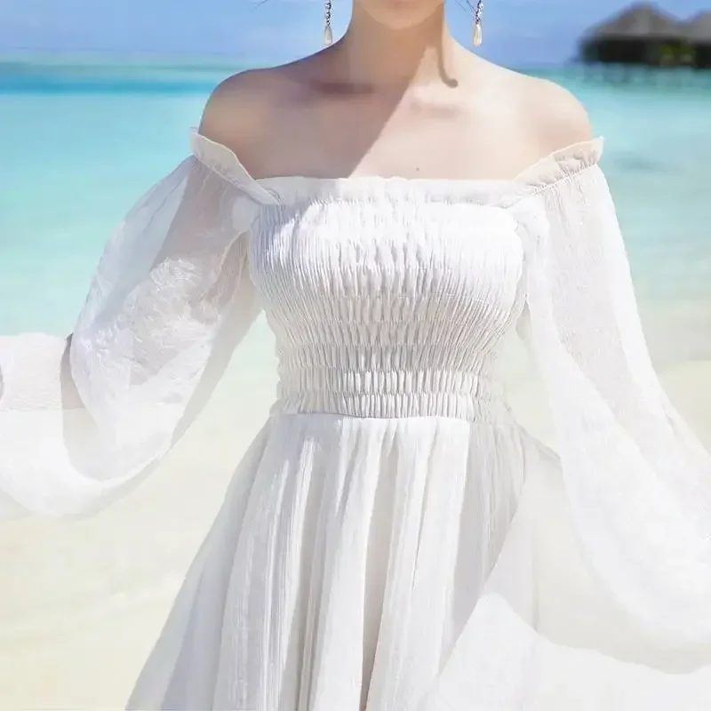 Jurken voor dames zomer nieuwe chiffon off-shoulder jurk witte jurk vestido de mujer