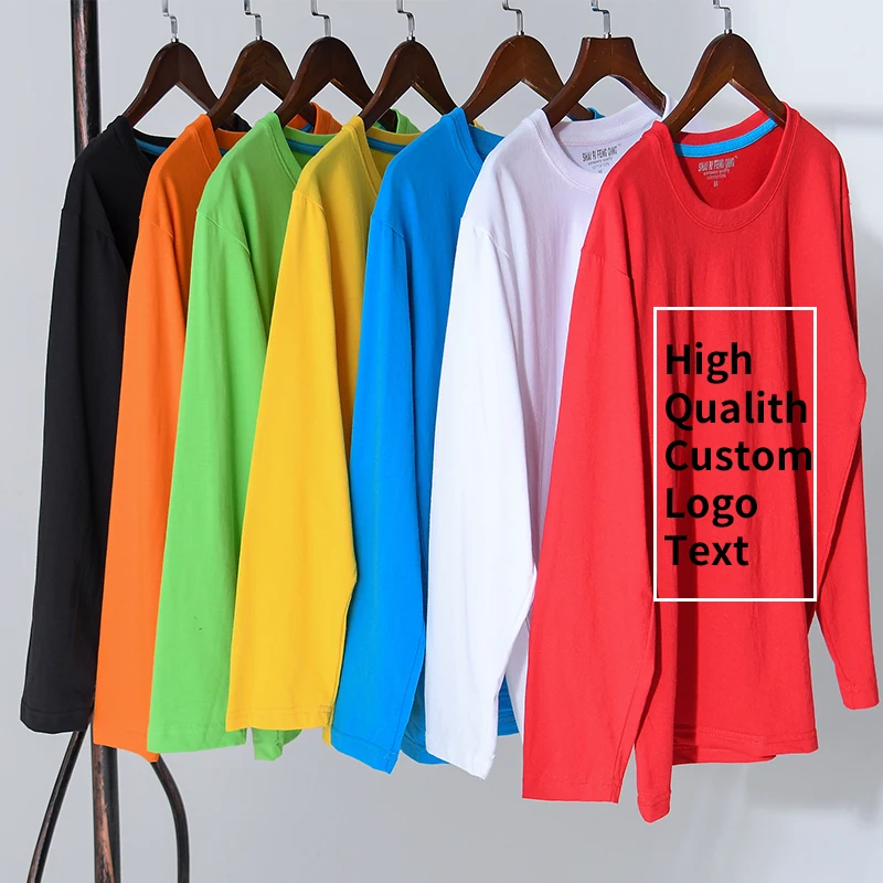 100%Cotton Men's Crew Neck T-shirt Custom Autumn Long Sleeve Solid Color Shirt Fashion Casual Tee Shirt Embroidery Company Brand