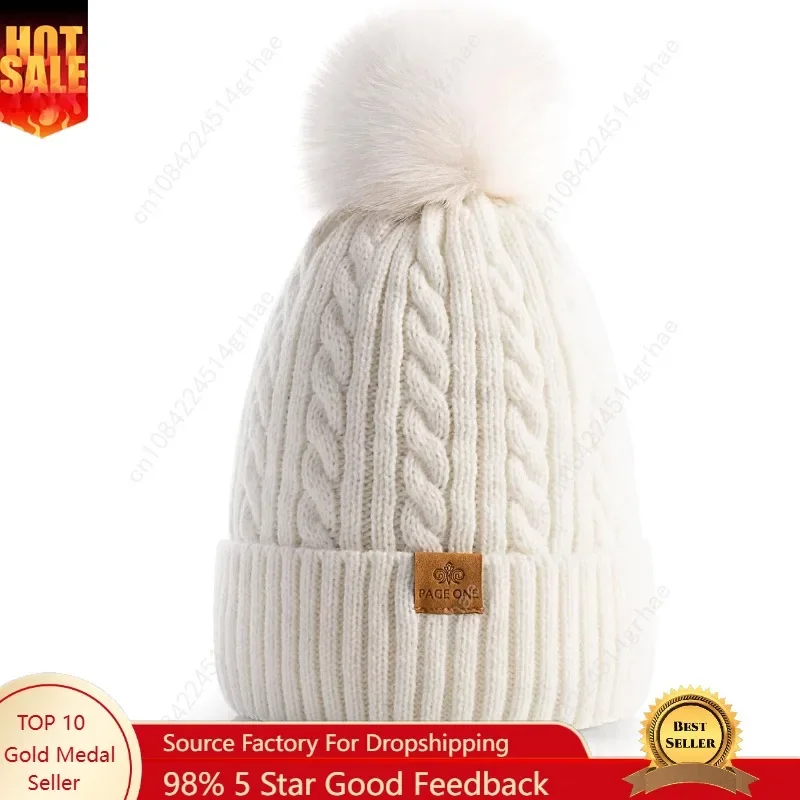 

PAGE ONE Women Winter Pom Pom Beanie Hats Warm Fleece Lined,Chunky Trendy Cute Chenille Knit Twist Cap
