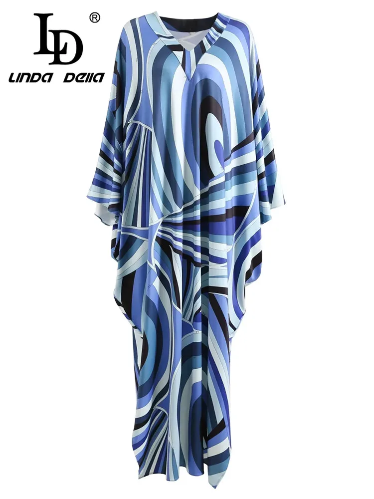 

LD LINDA DELLA 2023 Autumn Bohemia Fashion Designer Dresses Women's V-Neck Striped Print Loose Slit Draped Asymmetrical Dresses