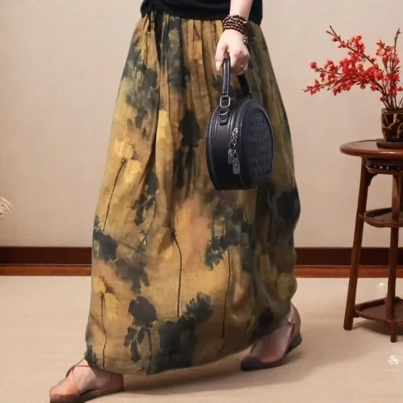 

2025 New Summer Vintage Skirt Women Chinese Style Literary Floral Print Ethnic Long Skirt Elastic High Waist A-Line Skirts