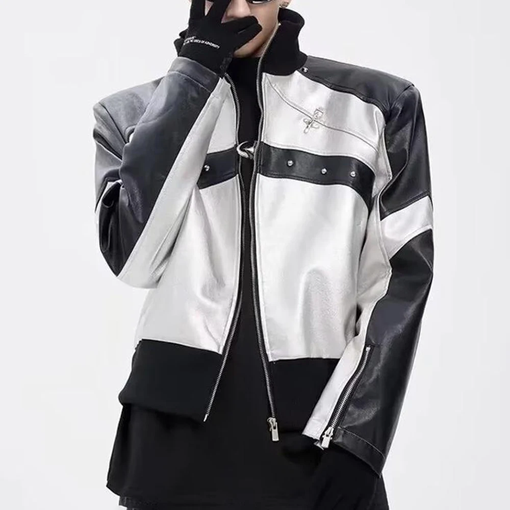 Mens Black White Color Block Pu Leather Cropped Biker Jacket Streetwear Fashion Youth Outdoor Casual Moto City Boy Outerwear