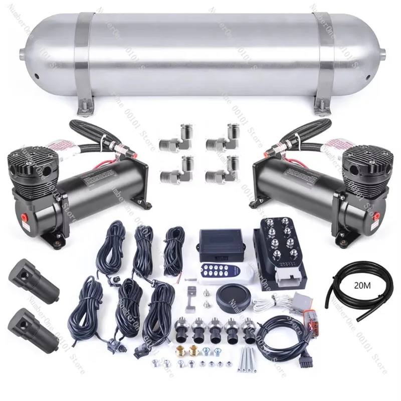 12V Air Ride Suspension Kit Solenoid Valve Block 5Gal Tank 2×200PSI Compressors 5 Air Pressure Gauges