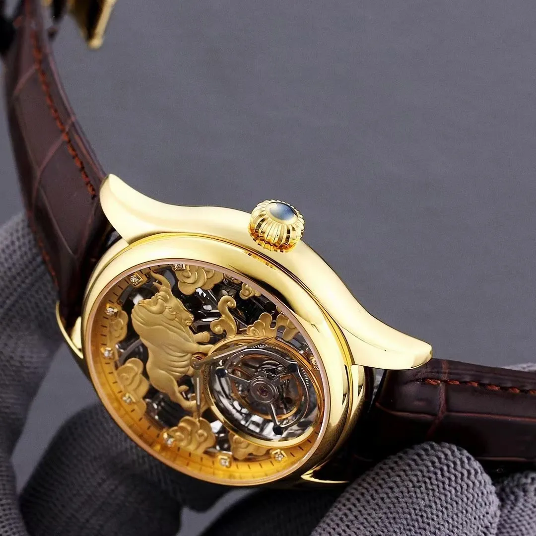 SEAKOSS 42mm orologi Tourbillon da uomo in vera pelle meccanico impermeabile a mano orologio da polso a vento di fascia alta scheletro dorato mucca