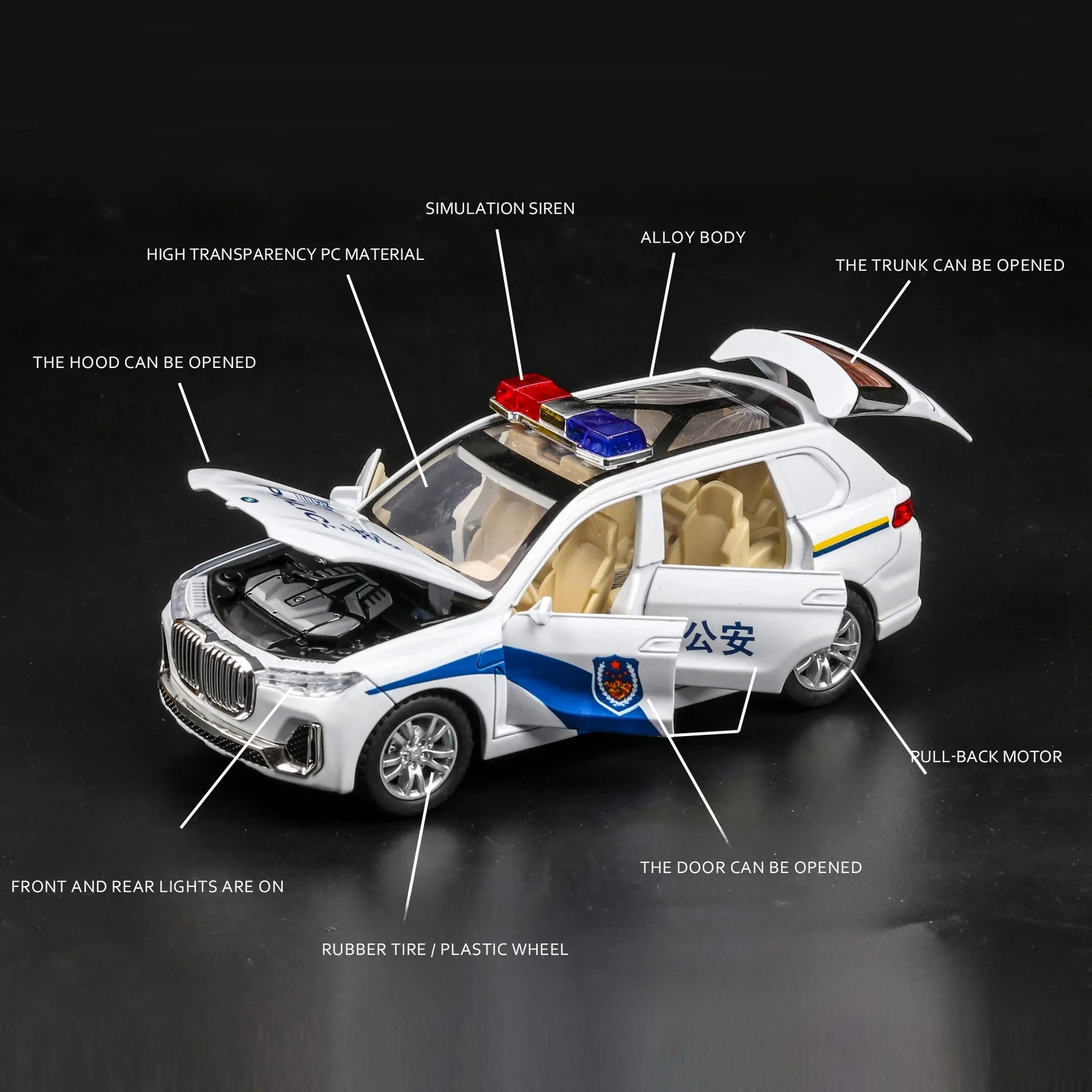 1:32  Alloy Car Model X7 Police Fire SWAT Car Sound and Light Pull Back Function Kids Toys Gift for Children