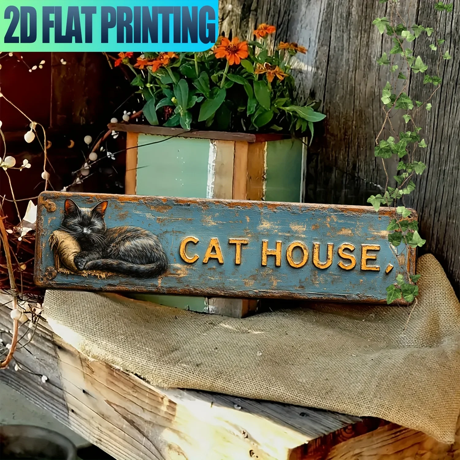 2D Flat, 1pc CAT HOUSE Metal Wall Sign - Cat-Themed Aluminum Hanging Decoration with Uv-Resistant Outdoor/ Use Suitable