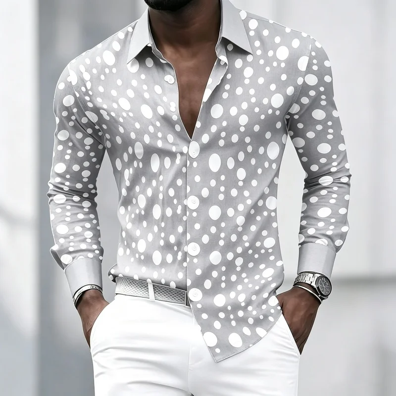 2026 New Men's Lapel Long-Sleeve Shirt, Classic Black with Large and Small White Dot Print, Casual Button-Up Shirt, Sizes XS-6XL
