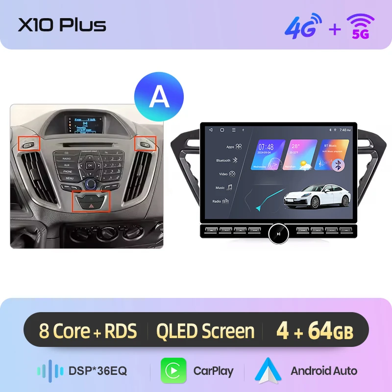 Junsun 13.1″ QLED draadloze CarPlay Android Auto autoradio voor Ford Transit Custom Tourneo 2013-2021 intelligente systemen DSP SWC