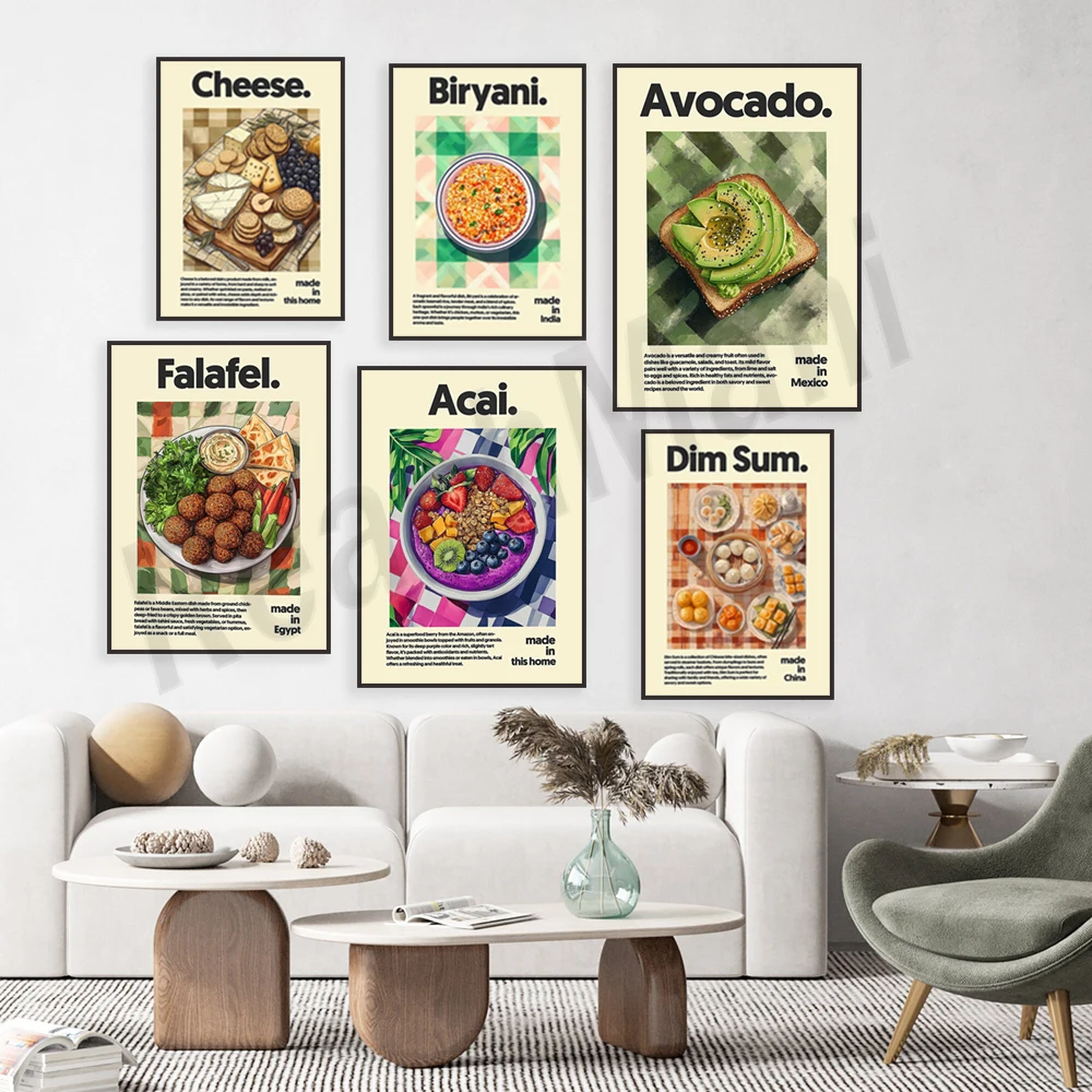 Cheese, falafel, butter chicken, burrito, kebab, brisket, german sausage, biryani, avocado, acai bowl food poster decoration