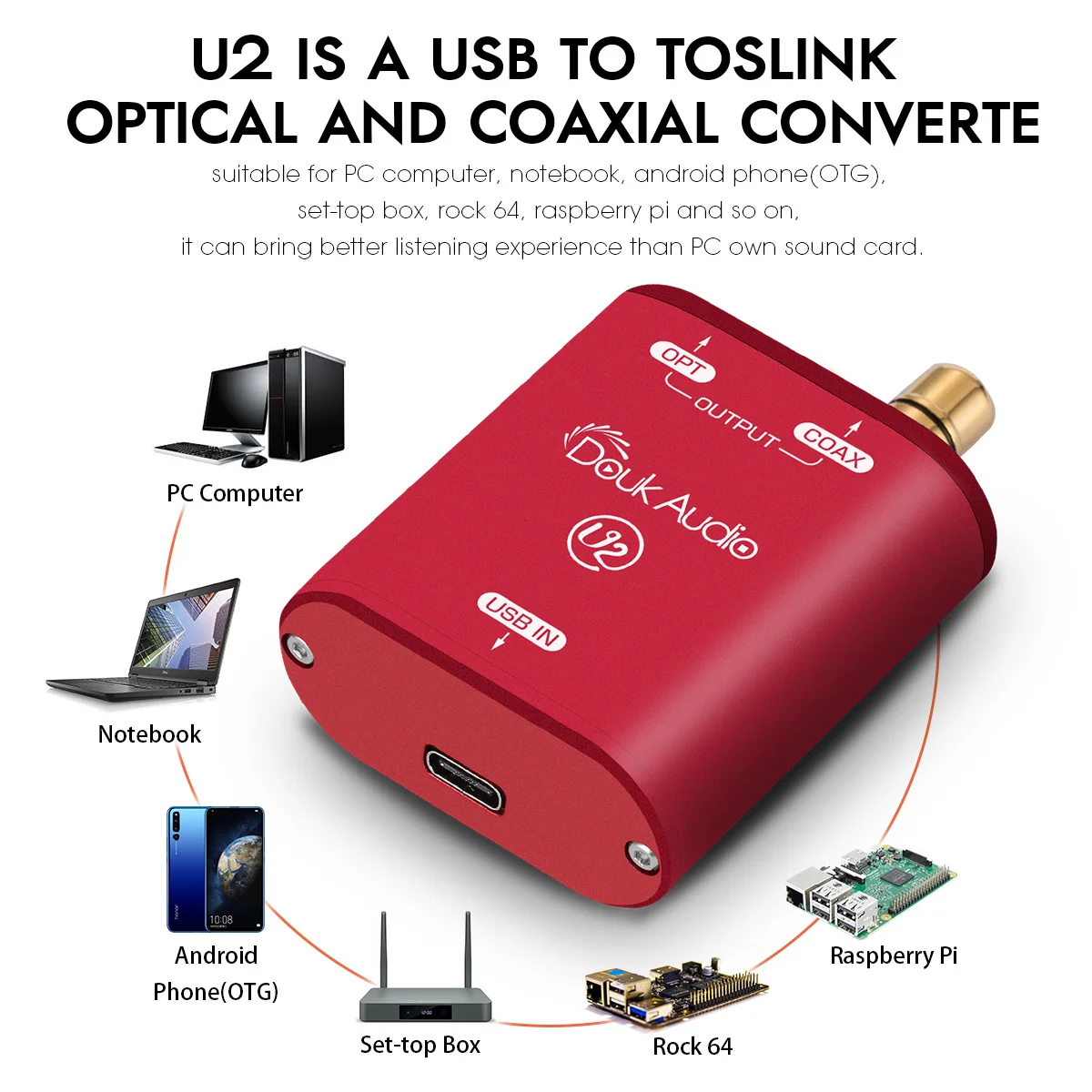 Douk Audio-Convertidor de Audio U2 Mini USB a SPDIF, XMOS XU208, interfaz Digital COAX/OPT, DSD, DOP, 192KHz