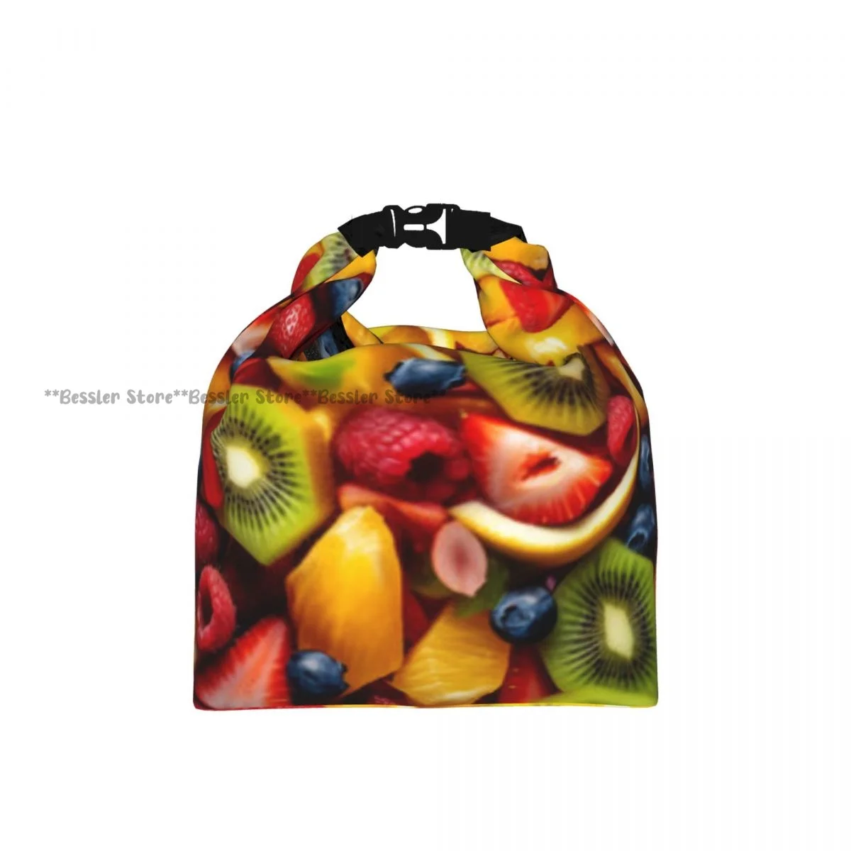 Roll Top Thermal Lunch Bag Colorful Fruit Salad With Raspberries Blueberries Insulated Bento Bag Reusable Food Storage Handbag