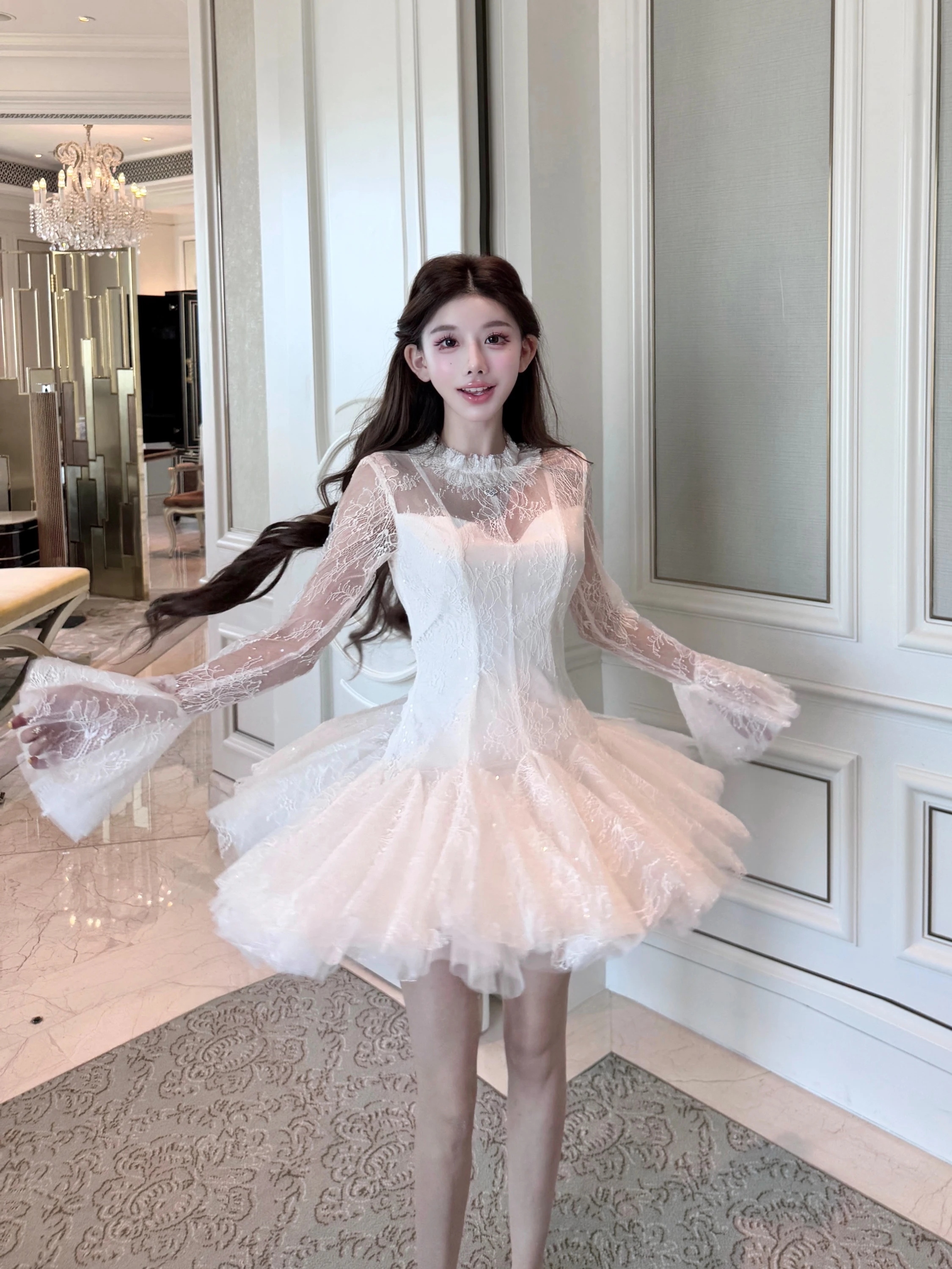 

Элегантная женская кружевная юбка с тяжелой вышивкой бисером, мягкая, из полиэфирного волокна, Qiauuu Yb2w Fairy T Sle